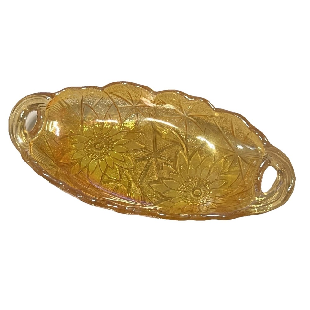 Vintage Indiana Glass Amber Carnival Floral Oval Dish Sunflower Trinket Marigold
